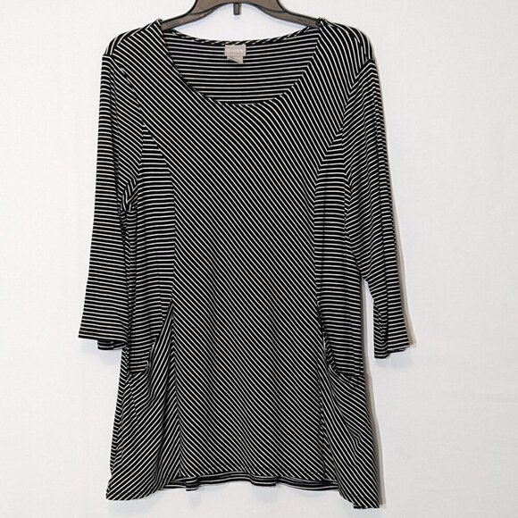 CHICO'S Black w White Stripes Long Flared Knit Tunic Dress w Pockets; Size 12 - Picture 1 of 6